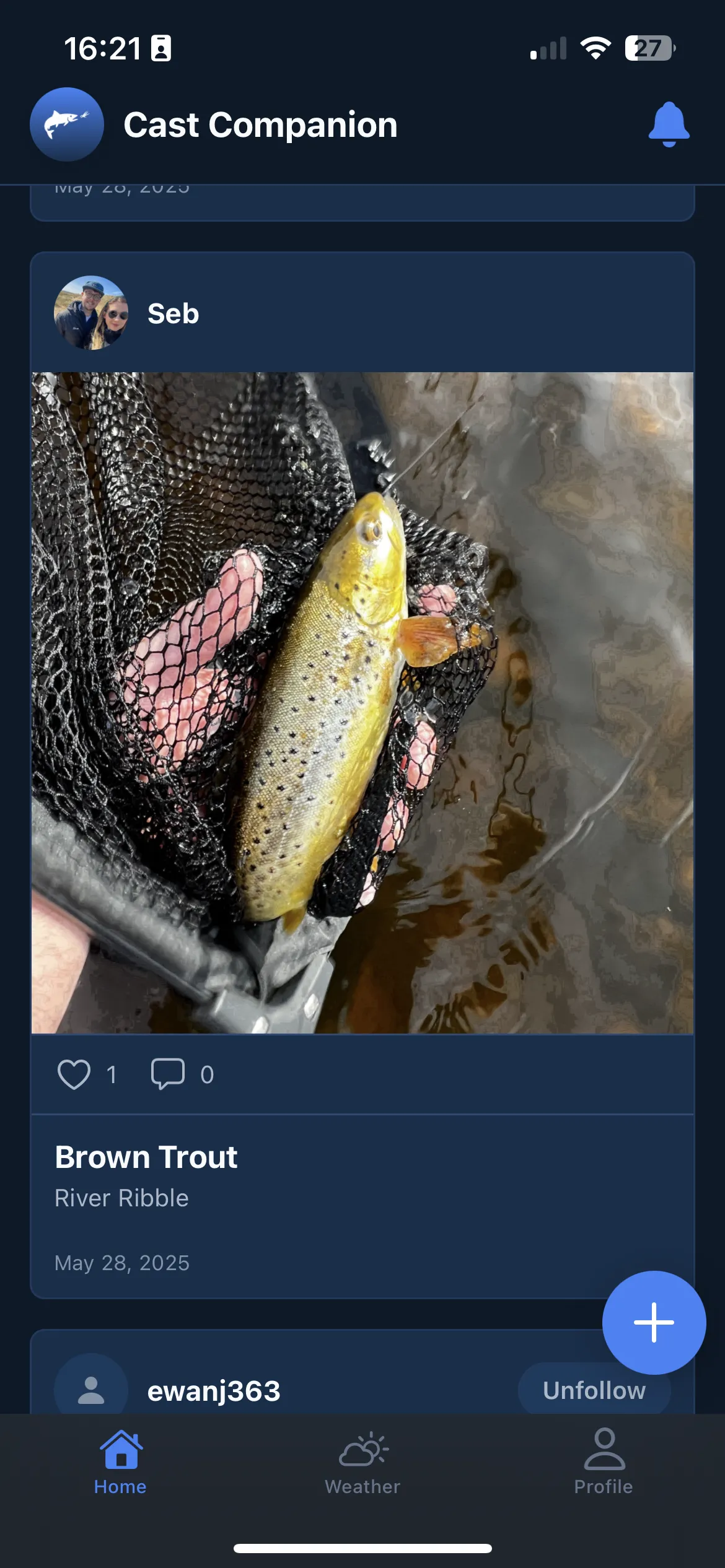 Cast Companion UK fly fishing app home screen showing social feed