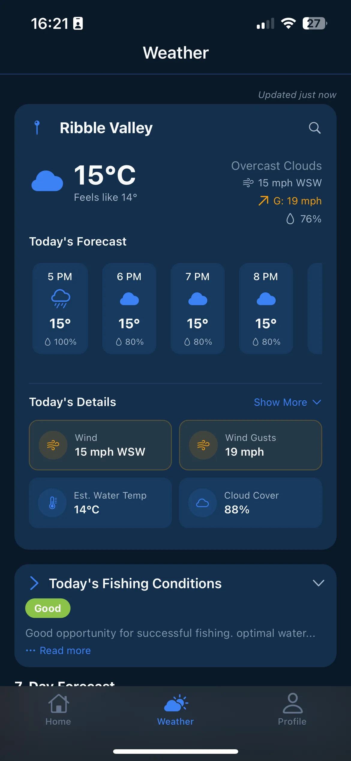 Hourly weather details for UK fly fishing conditions